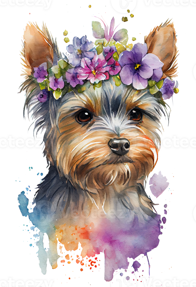 Watercolor cute hand drawn Yorkshire Terrier, dog in floral wreath, flowers bouquet, png