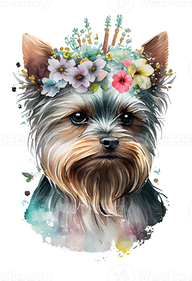 vattenfärg söt hand dragen yorkshire terrier, hund i blommig krans, blommor bukett, generativ ai png