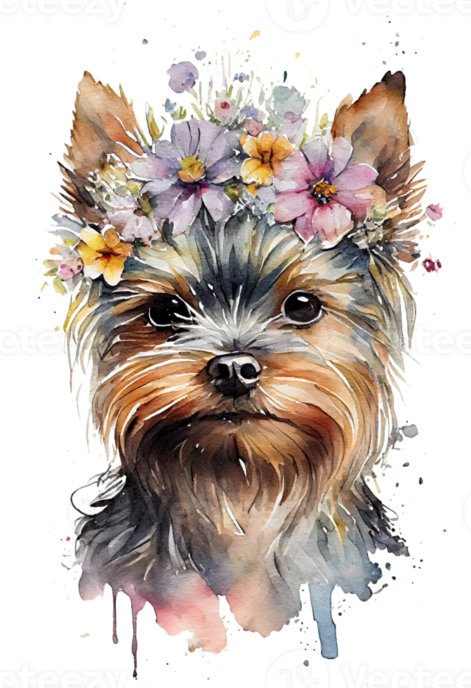 Watercolor cute hand drawn Yorkshire Terrier, dog in floral wreath, flowers bouquet, png