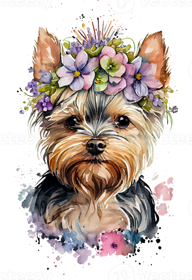 Watercolor cute hand drawn Yorkshire Terrier, dog in floral wreath, flowers bouquet, png