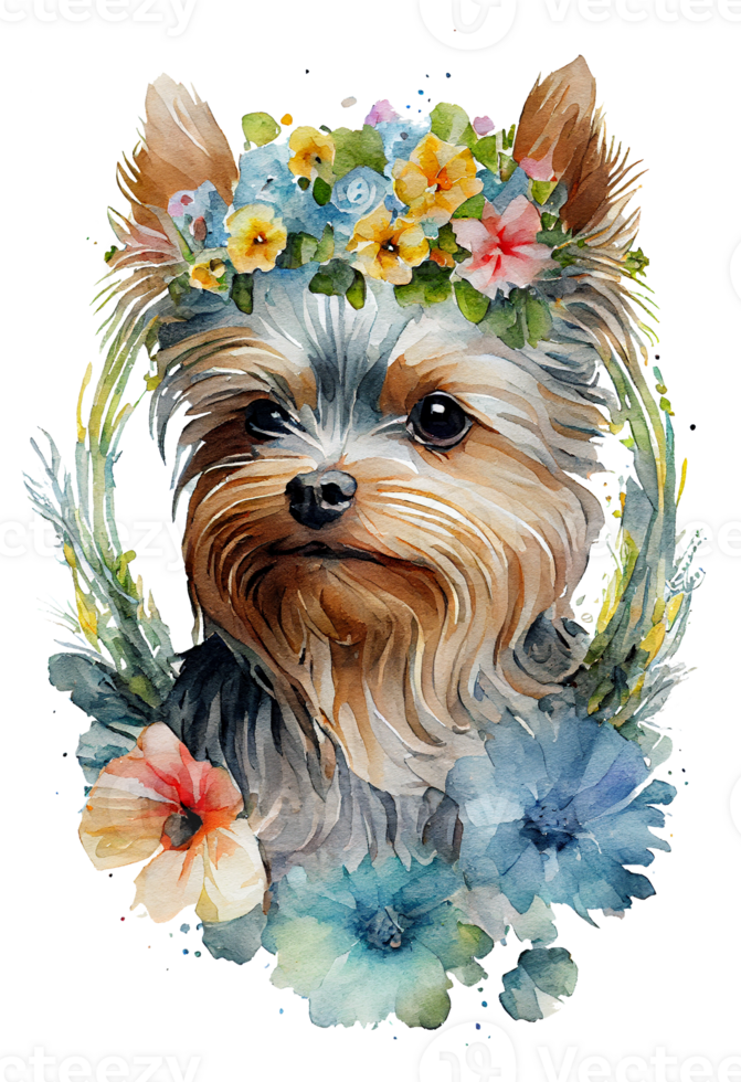 Watercolor cute hand drawn Yorkshire Terrier, dog in floral wreath, flowers bouquet, png