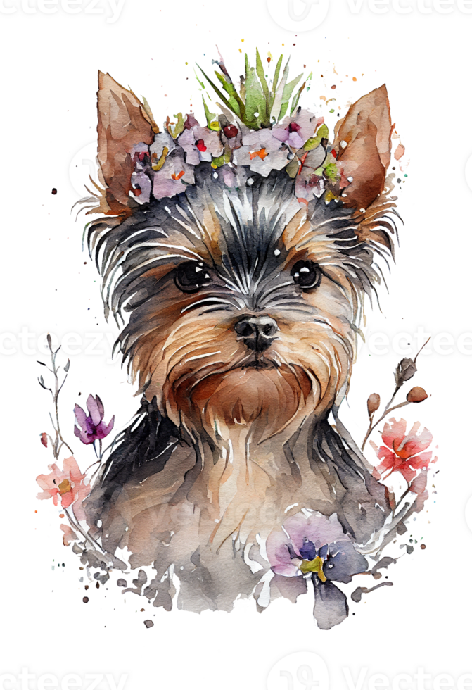 Watercolor cute hand drawn Yorkshire Terrier, dog in floral wreath, flowers bouquet, png