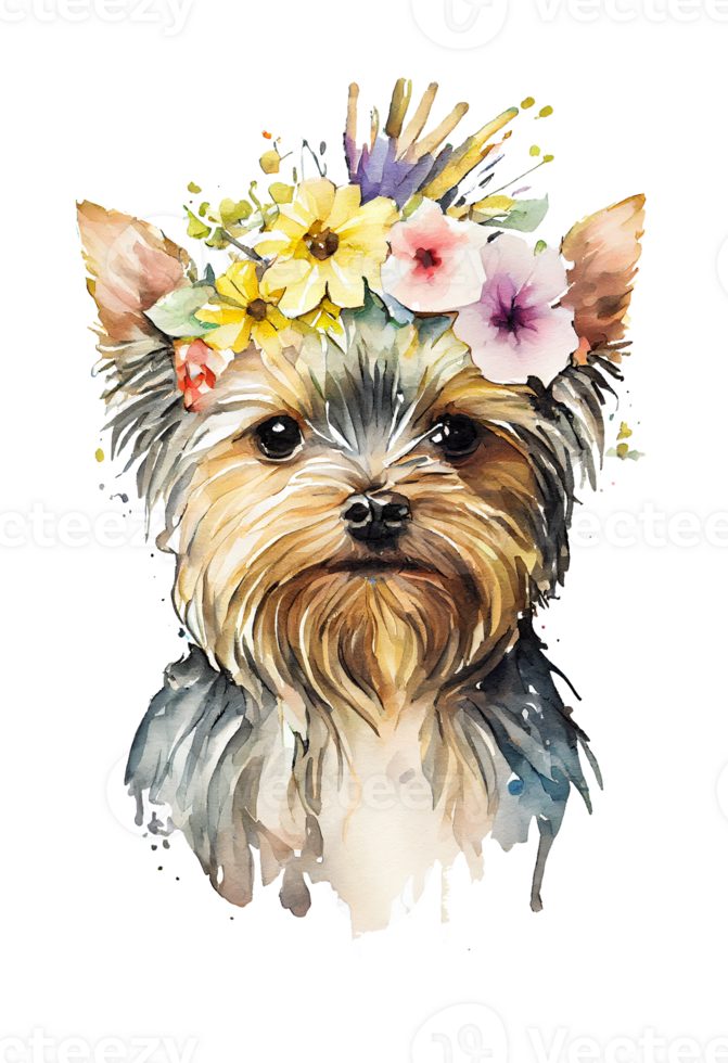 vattenfärg söt hand dragen yorkshire terrier, hund i blommig krans, blommor bukett, generativ ai png