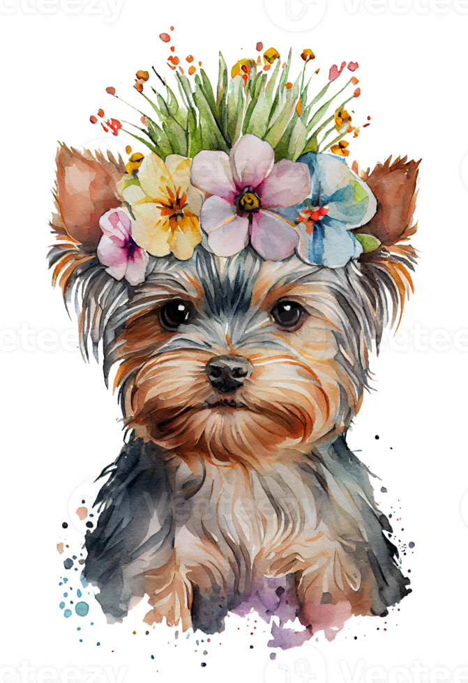 Watercolor cute hand drawn Yorkshire Terrier, dog in floral wreath, flowers bouquet, png