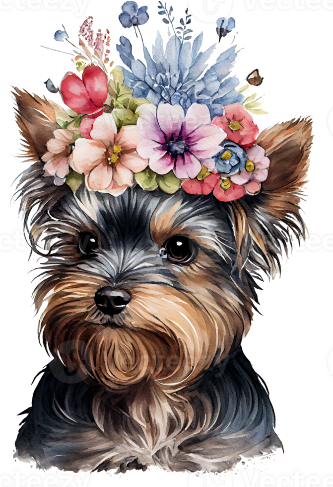 Watercolor cute hand drawn Yorkshire Terrier, dog in floral wreath, flowers bouquet, png