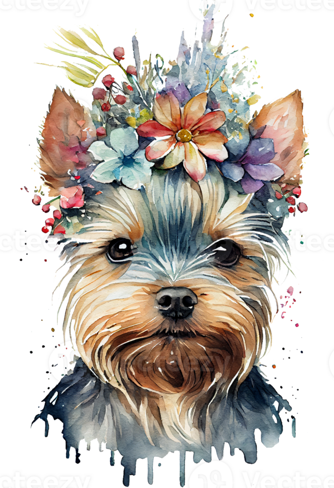 Watercolor cute hand drawn Yorkshire Terrier, dog in floral wreath, flowers bouquet, png
