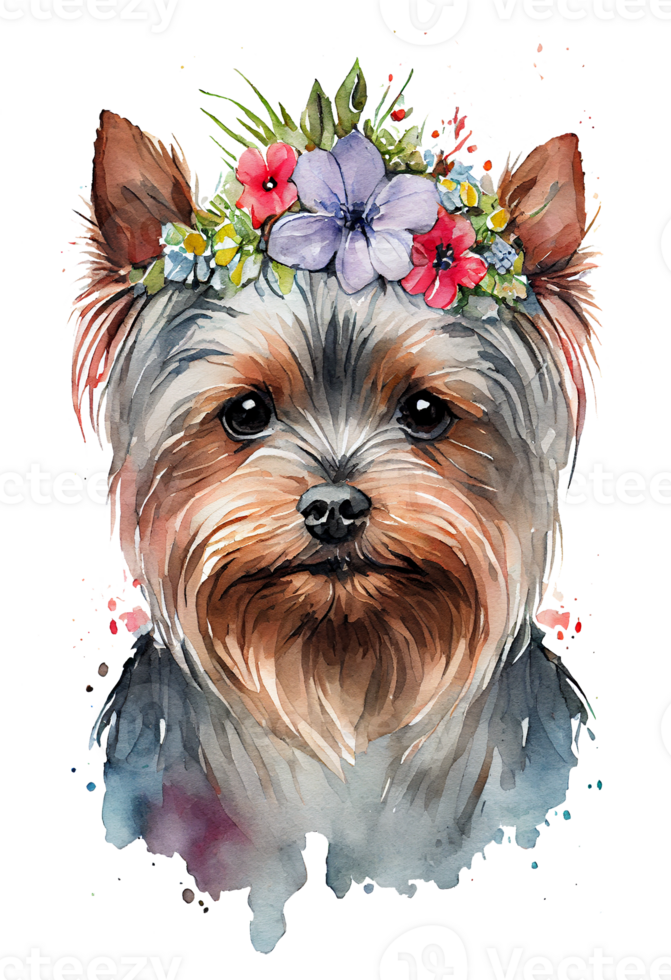 Watercolor cute hand drawn Yorkshire Terrier, dog in floral wreath, flowers bouquet, png