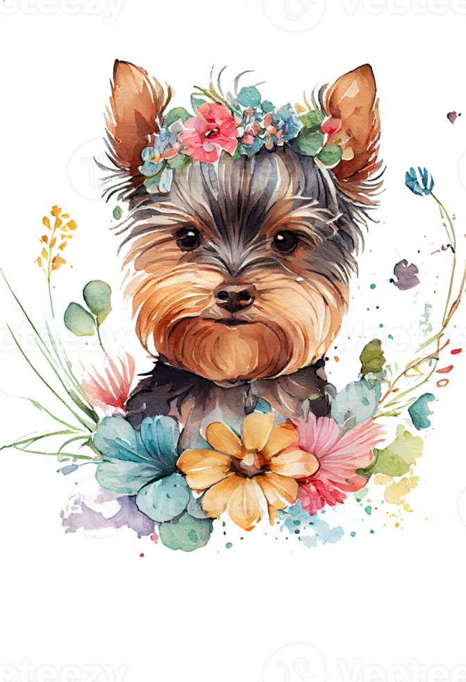 acuarela linda mano dibujado Yorkshire terrier, perro en floral guirnalda, flores ramo, generativo ai png