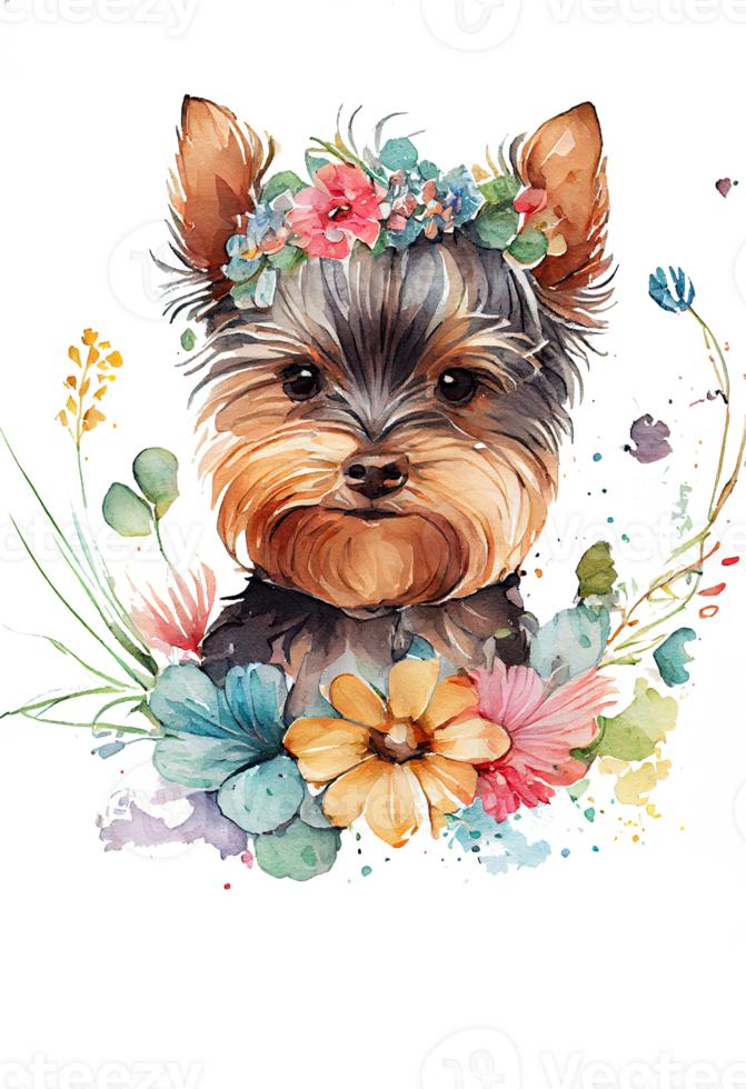 Watercolor cute hand drawn Yorkshire Terrier, dog in floral wreath, flowers bouquet, png