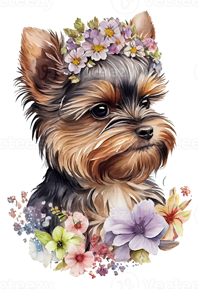 Watercolor cute hand drawn Yorkshire Terrier, dog in floral wreath, flowers bouquet, png