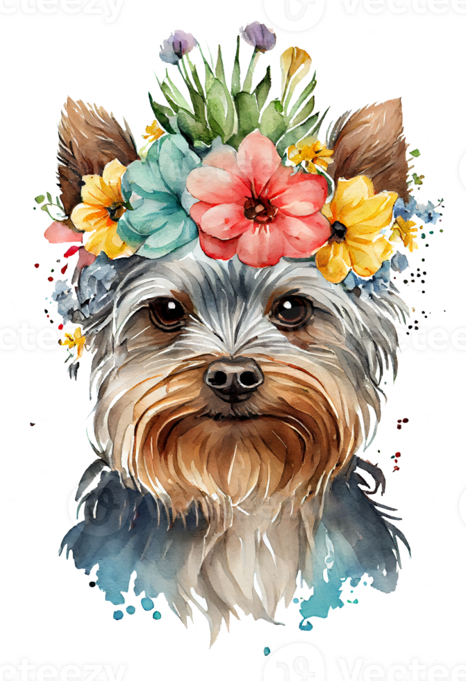 Watercolor cute hand drawn Yorkshire Terrier, dog in floral wreath, flowers bouquet, png