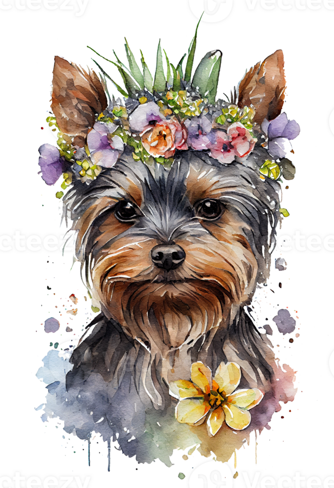 aguarela fofa mão desenhado yorkshire terrier, cachorro dentro floral guirlanda, flores ramalhete, generativo ai png