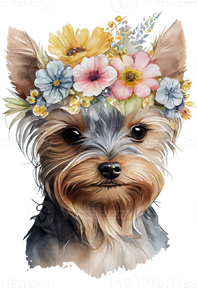 Watercolor cute hand drawn Yorkshire Terrier, dog in floral wreath, flowers bouquet, png