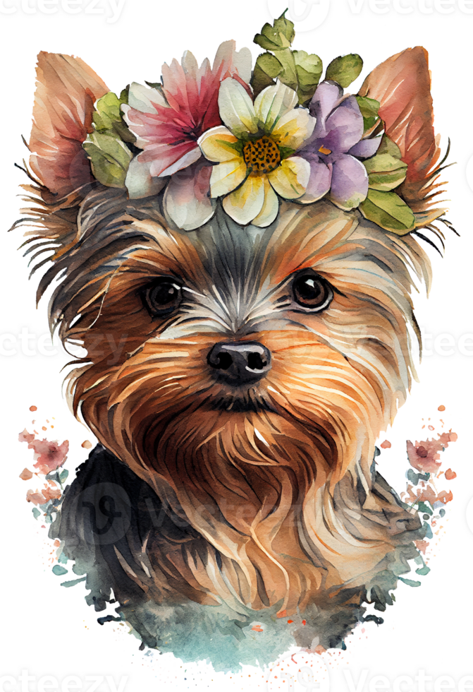 Watercolor cute hand drawn Yorkshire Terrier, dog in floral wreath, flowers bouquet, png