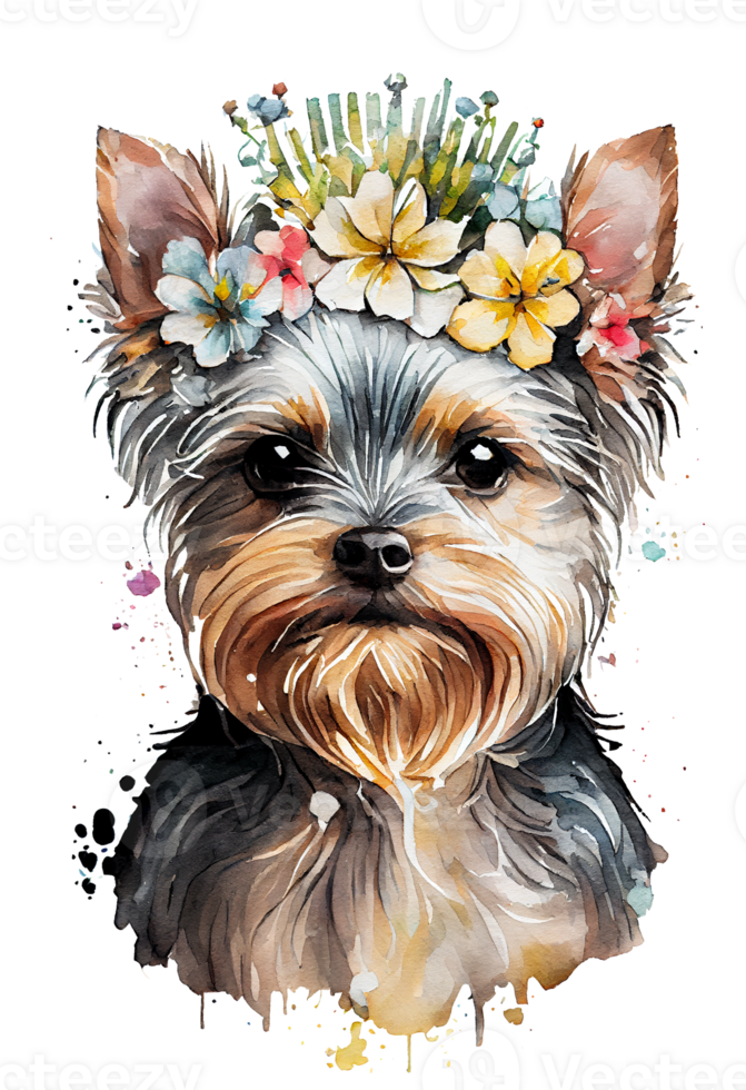 Watercolor cute hand drawn Yorkshire Terrier, dog in floral wreath, flowers bouquet, png