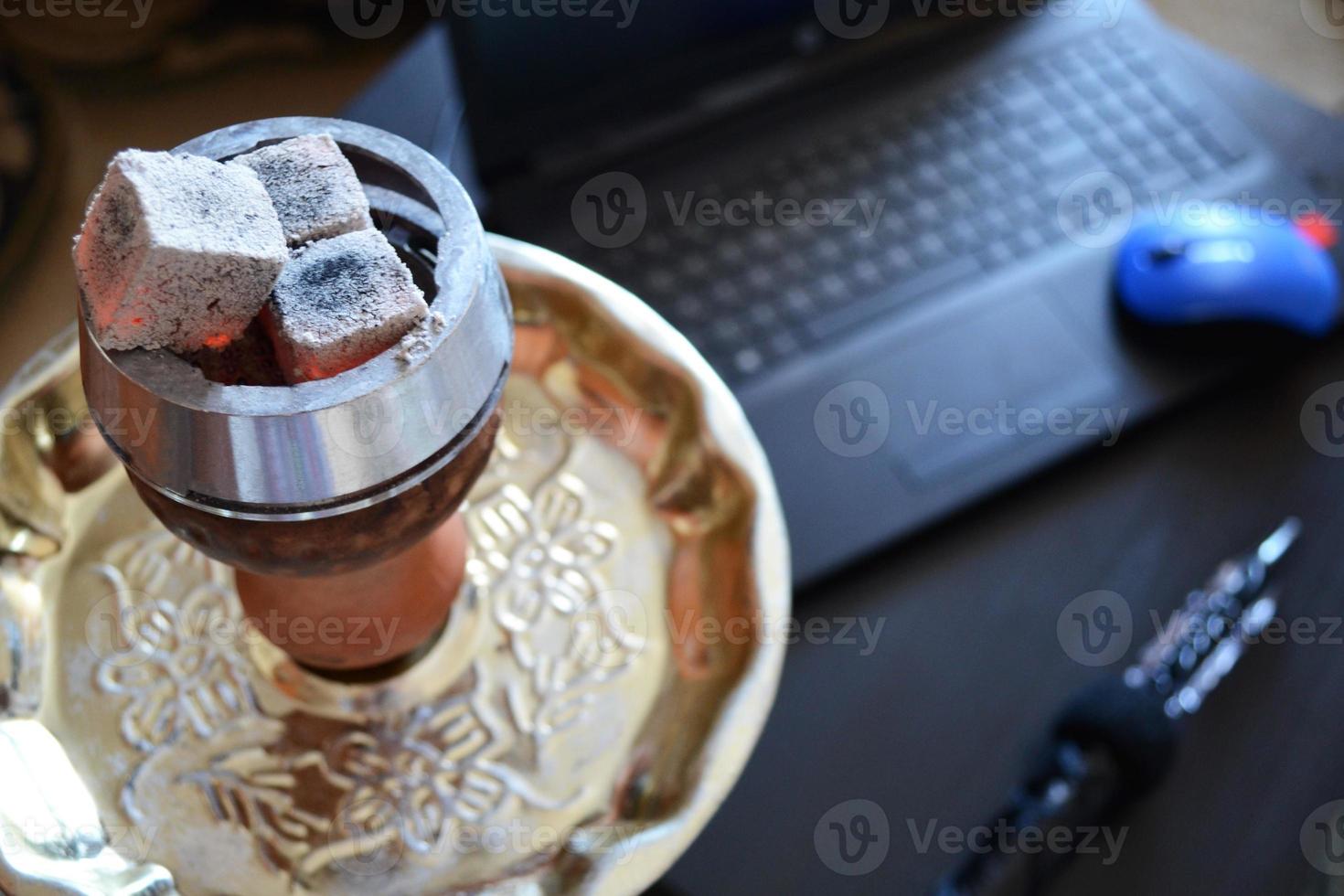 hookah smoking at home, working from home with a hookah, relaxed work, freelance workplace, top view photo