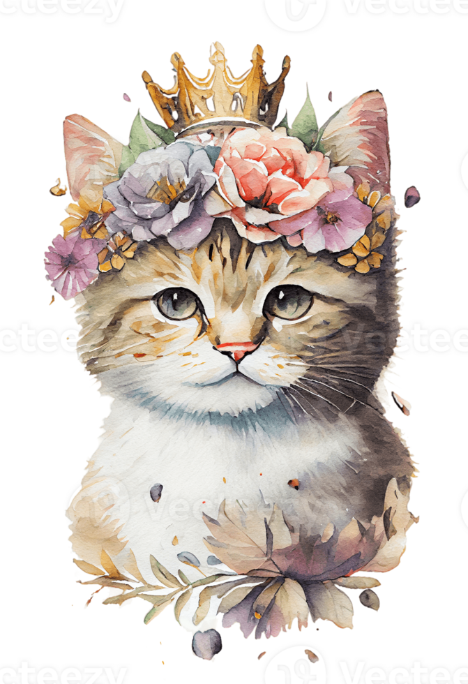 Aquarell süß Hand gezeichnet Katze, Kätzchen im Blumen- Kranz, Blumen Strauß, generativ ai, png transparent Hintergrund.