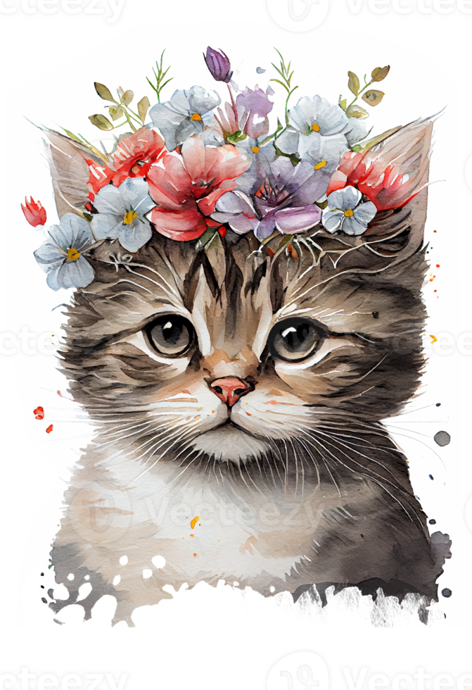 Watercolor cute hand drawn Cat, kitten in floral wreath, flowers bouquet, , png transparent background.