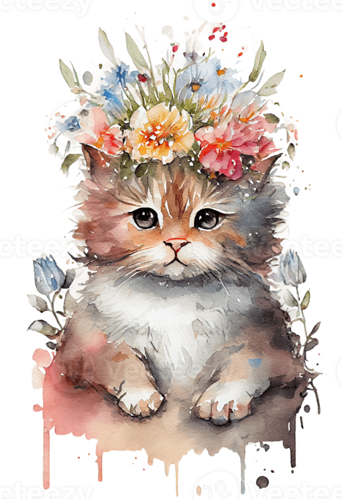 Aquarell süß Hand gezeichnet Katze, Kätzchen im Blumen- Kranz, Blumen Strauß, generativ ai, png transparent Hintergrund.