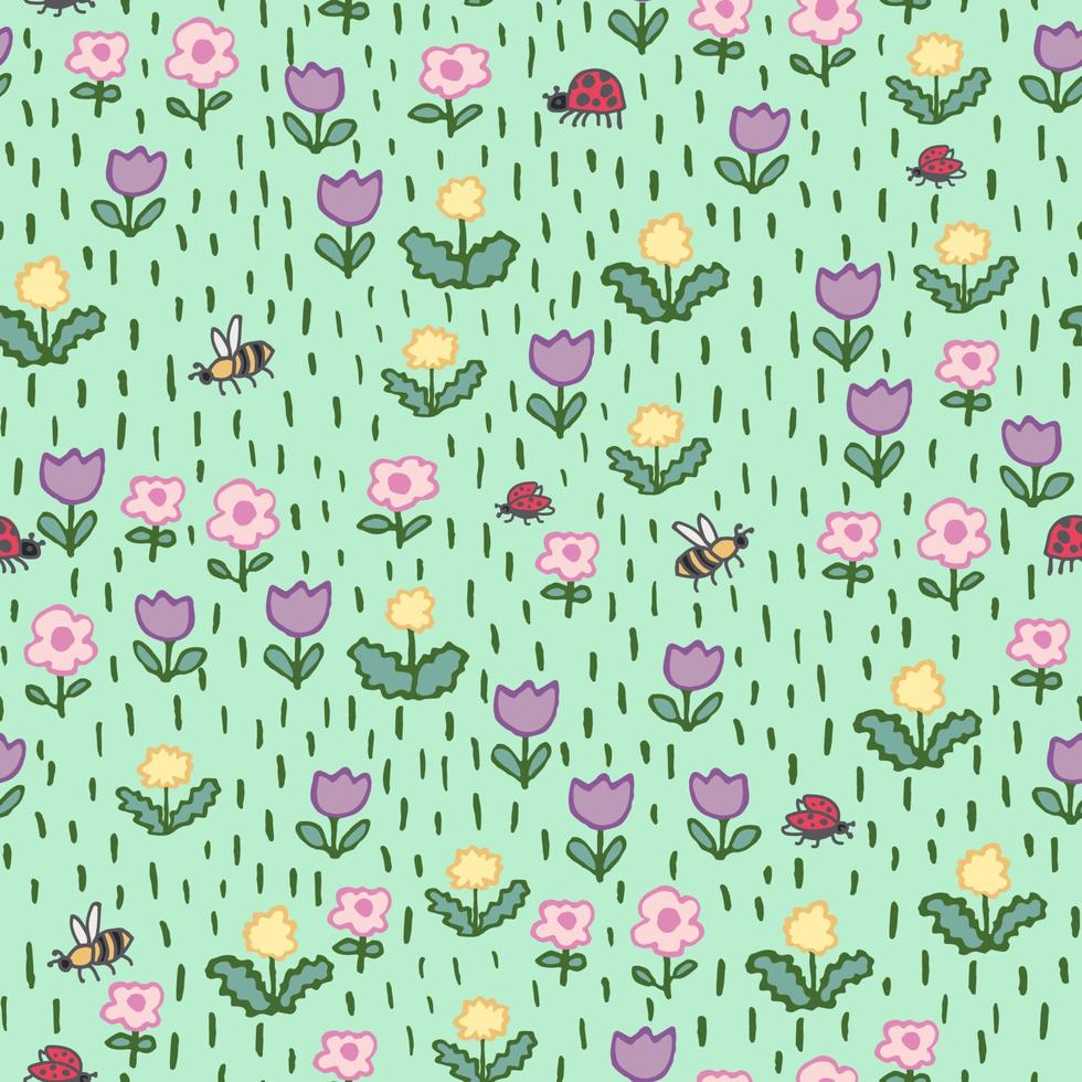 Flower simple minimalistic seamless pattern graphic design for paper, textile print, page fill. Floral background with hand drawn wild flowers, herbs and leaves. Cute design for girls, kids. vector