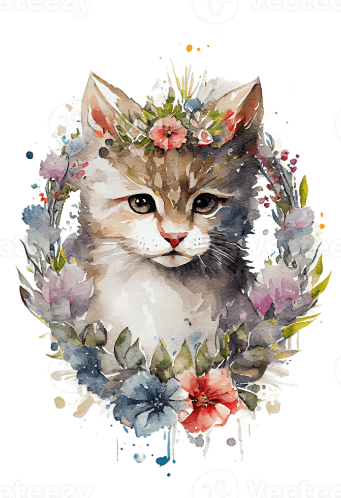 Watercolor cute hand drawn Cat, kitten in floral wreath, flowers bouquet, , png transparent background.
