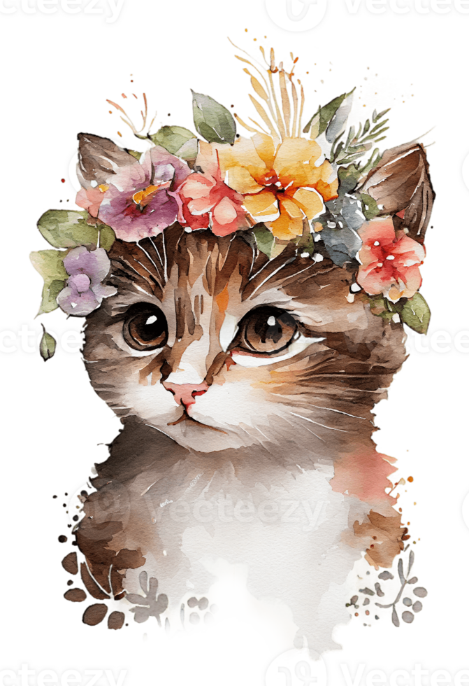 Watercolor cute hand drawn Cat, kitten in floral wreath, flowers bouquet, , png transparent background.