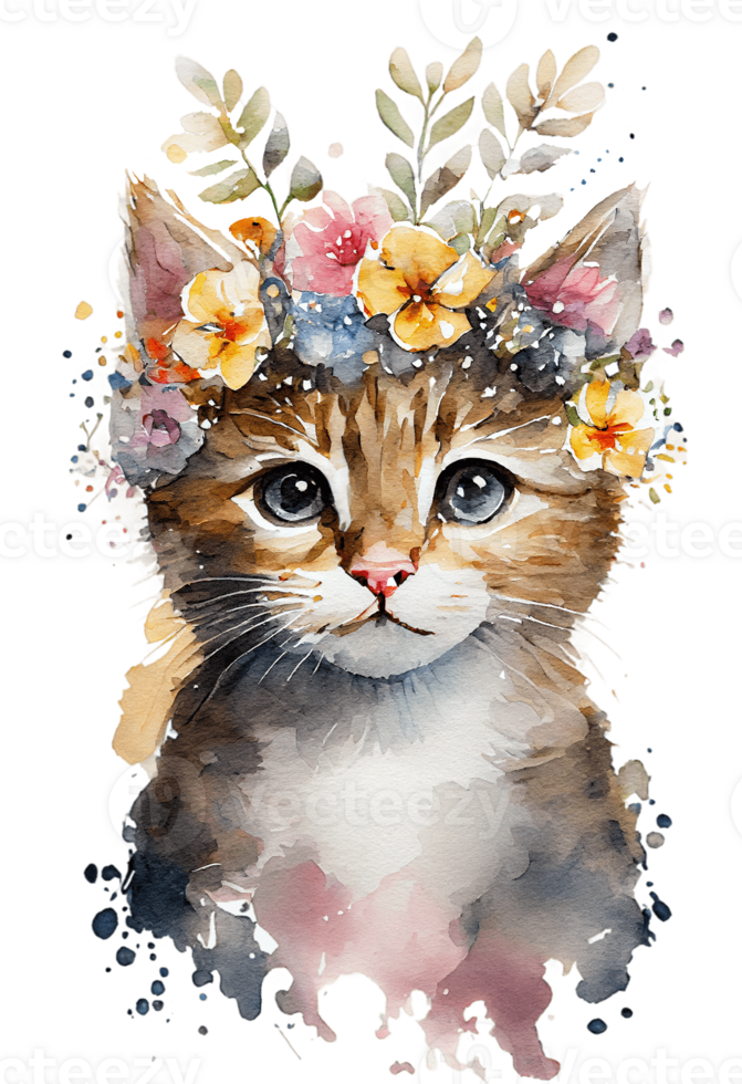 Aquarell süß Hand gezeichnet Katze, Kätzchen im Blumen- Kranz, Blumen Strauß, generativ ai, png transparent Hintergrund.