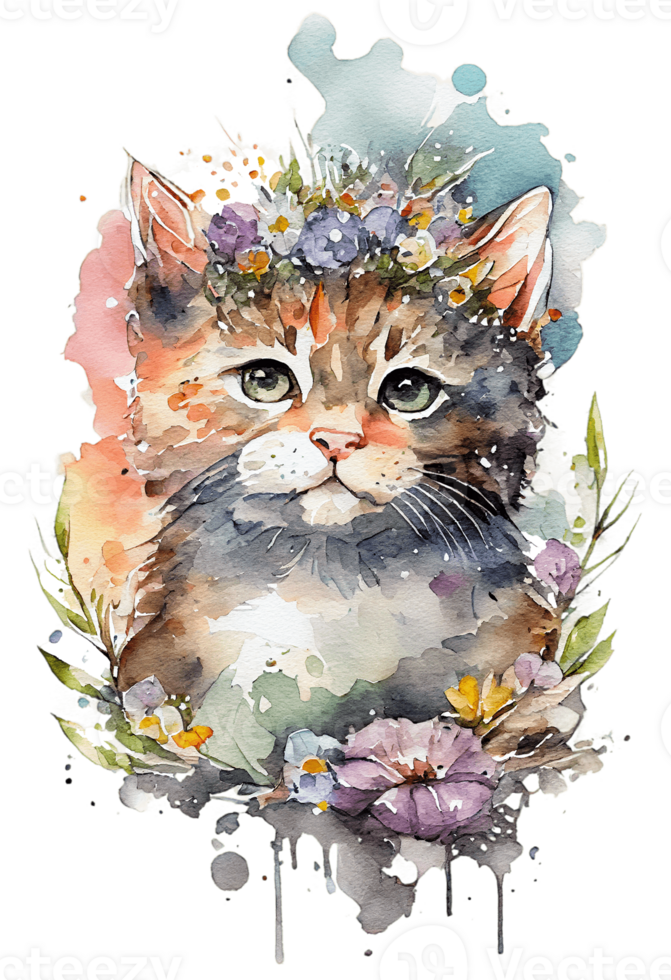acquerello carino mano disegnato gatto, gattino nel floreale ghirlanda, fiori mazzo, generativo ai, png trasparente sfondo.