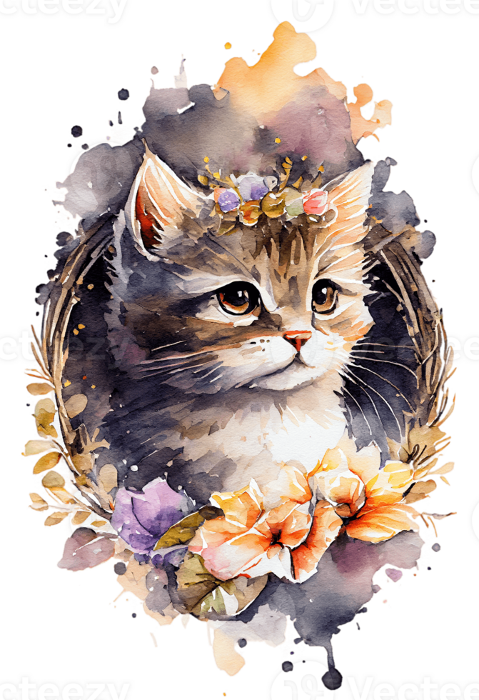 Aquarell süß Hand gezeichnet Katze, Kätzchen im Blumen- Kranz, Blumen Strauß, generativ ai, png transparent Hintergrund.