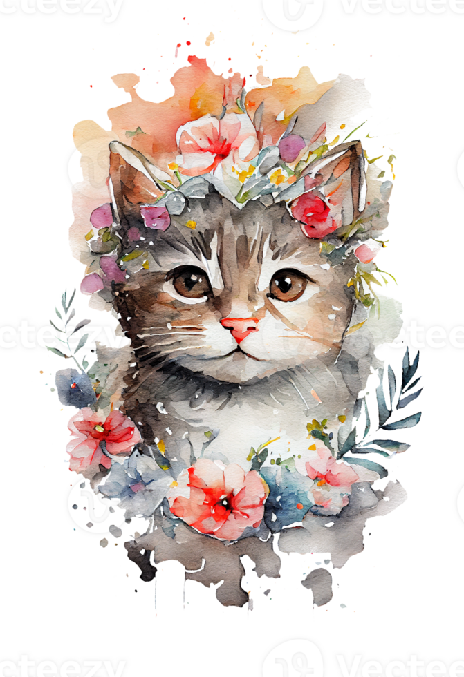 Aquarell süß Hand gezeichnet Katze, Kätzchen im Blumen- Kranz, Blumen Strauß, generativ ai, png transparent Hintergrund.