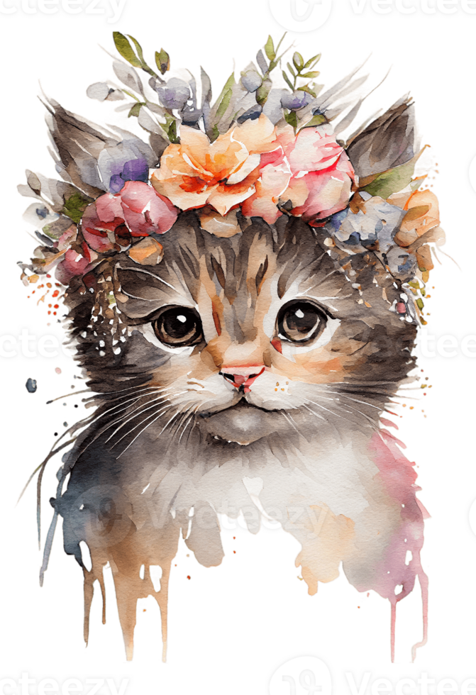 Watercolor cute hand drawn Cat, kitten in floral wreath, flowers bouquet, , png transparent background.
