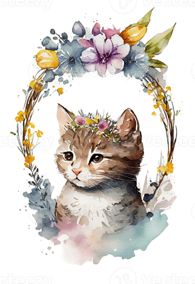 vattenfärg söt hand dragen katt, kattunge i blommig krans, blommor bukett, generativ ai, png transparent bakgrund.