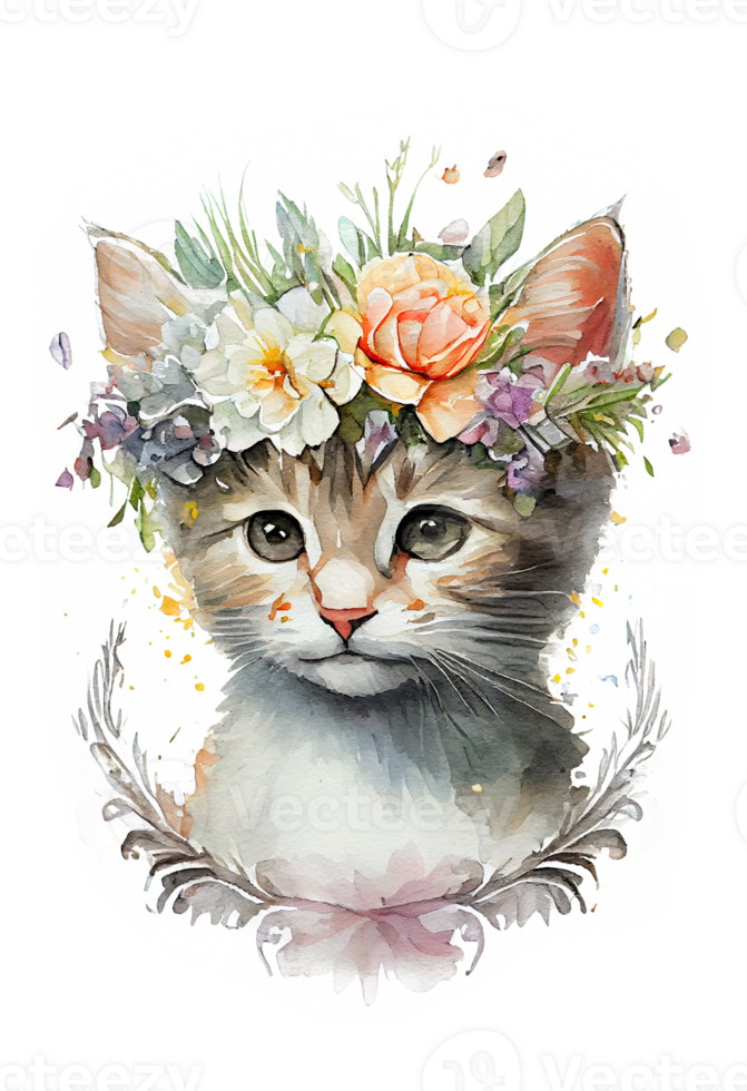 Watercolor cute hand drawn Cat, kitten in floral wreath, flowers bouquet, , png transparent background.