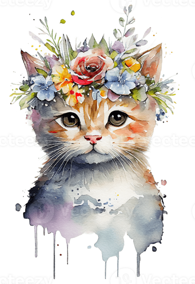 Watercolor cute hand drawn Cat, kitten in floral wreath, flowers bouquet, , png transparent background.