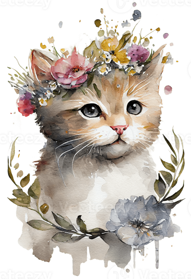 Aquarell süß Hand gezeichnet Katze, Kätzchen im Blumen- Kranz, Blumen Strauß, generativ ai, png transparent Hintergrund.