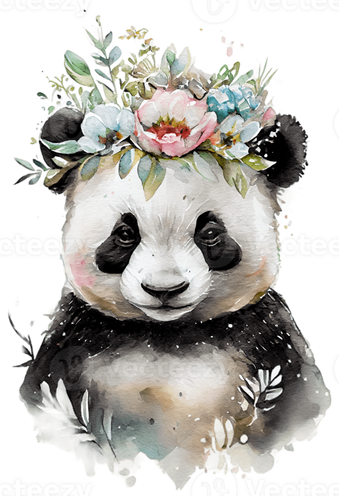 Watercolor cute hand drawn panda, Panda in floral wreath, flowers bouquet, png