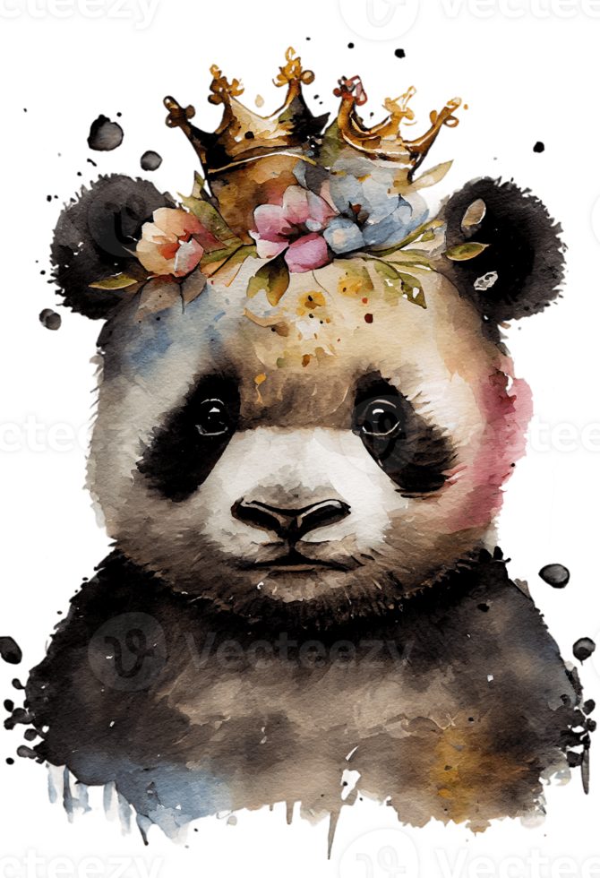 acuarela linda mano dibujado panda, panda en floral guirnalda, flores ramo, generativo ai png