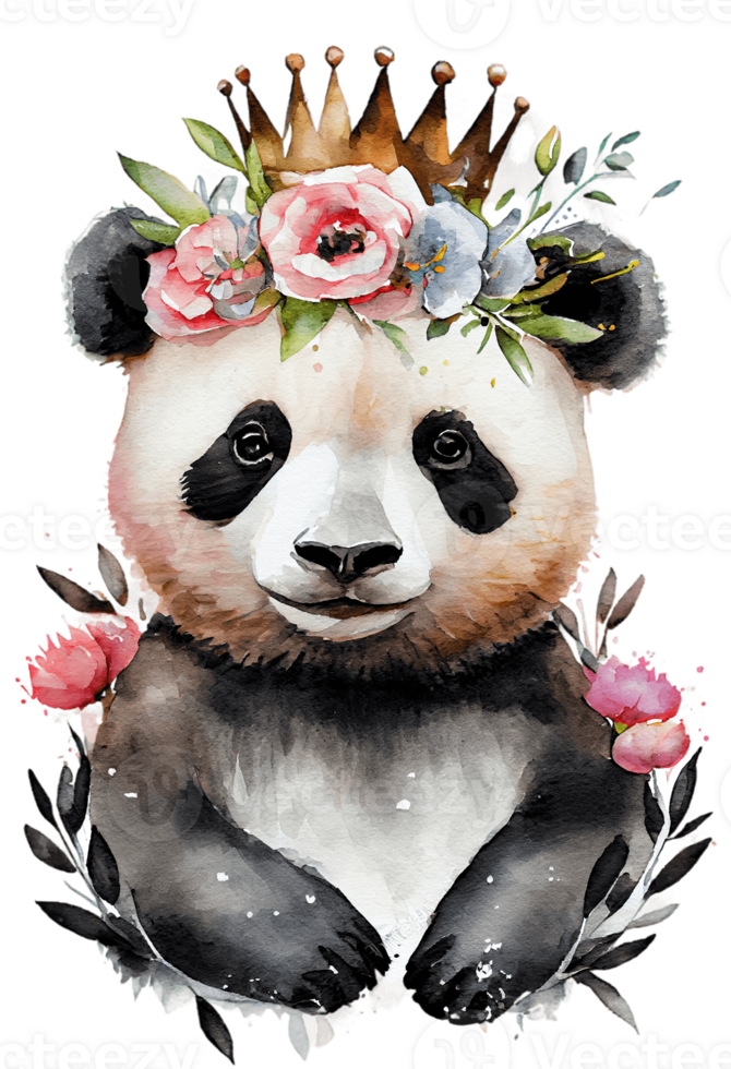 acquerello carino mano disegnato panda, panda nel floreale ghirlanda, fiori mazzo, generativo ai png