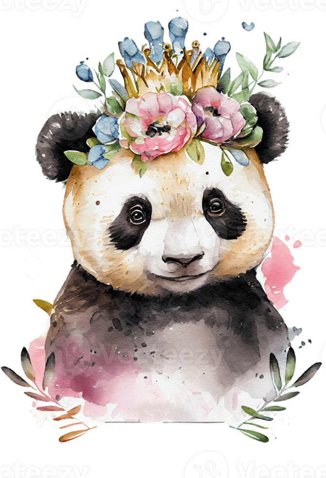 Watercolor cute hand drawn panda, Panda in floral wreath, flowers bouquet, png