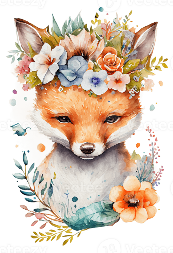 Watercolor cute hand drawn Fox, Fox in floral wreath, flowers bouquet, png