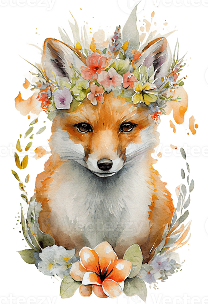 Watercolor cute hand drawn Fox, Fox in floral wreath, flowers bouquet, png