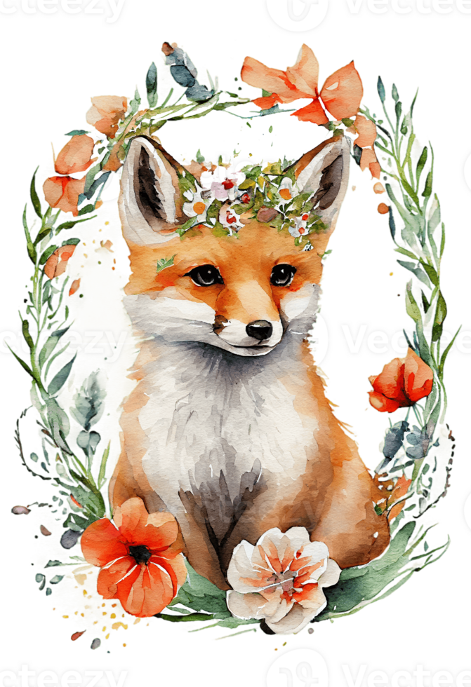 Watercolor cute hand drawn Fox, Fox in floral wreath, flowers bouquet, png