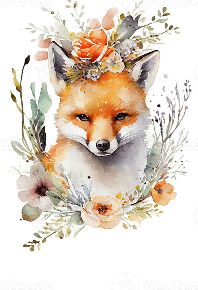 Watercolor cute hand drawn Fox, Fox in floral wreath, flowers bouquet, png