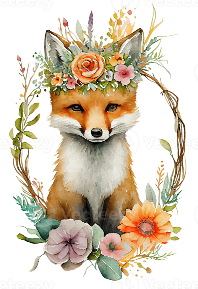 Watercolor cute hand drawn Fox, Fox in floral wreath, flowers bouquet, png