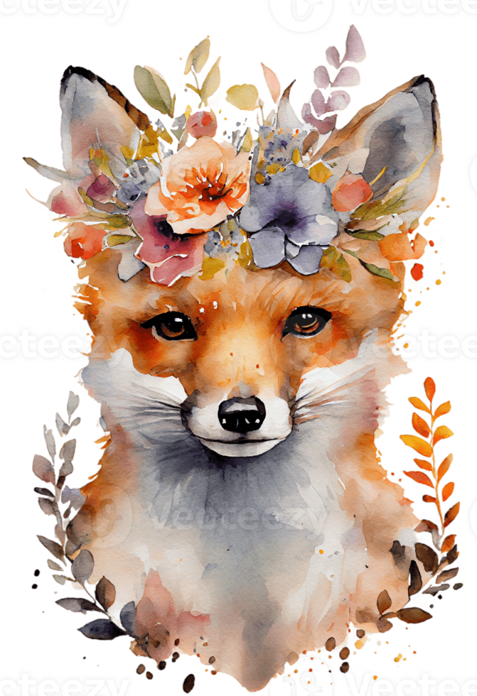 Watercolor cute hand drawn Fox, Fox in floral wreath, flowers bouquet, png