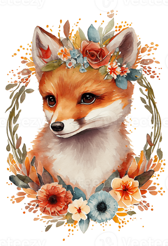 Watercolor cute hand drawn Fox, Fox in floral wreath, flowers bouquet, png