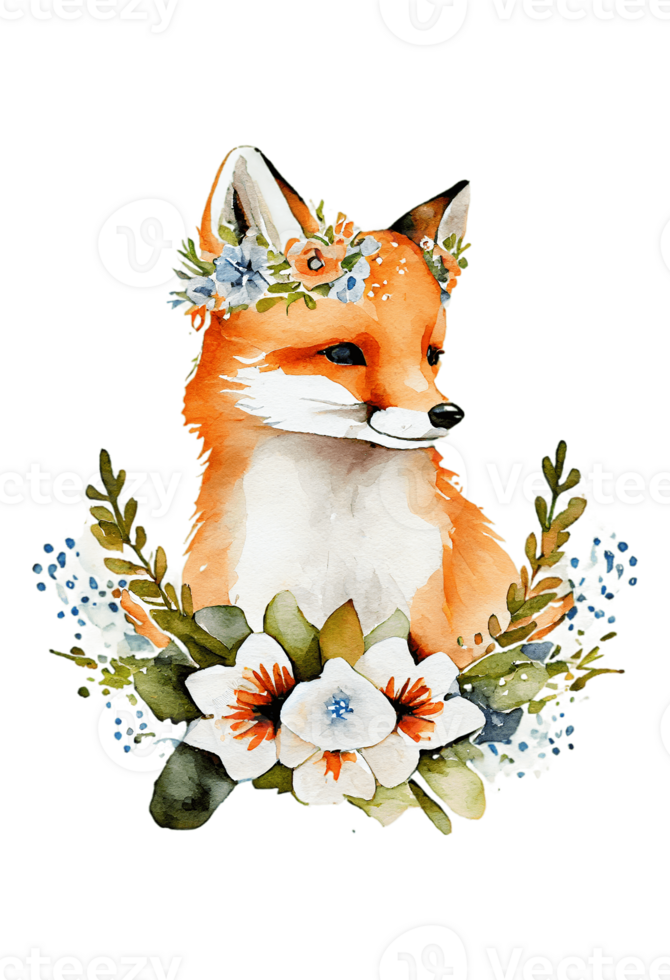 Watercolor cute hand drawn Fox, Fox in floral wreath, flowers bouquet, png