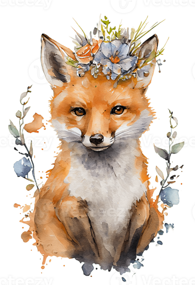 Watercolor cute hand drawn Fox, Fox in floral wreath, flowers bouquet, png