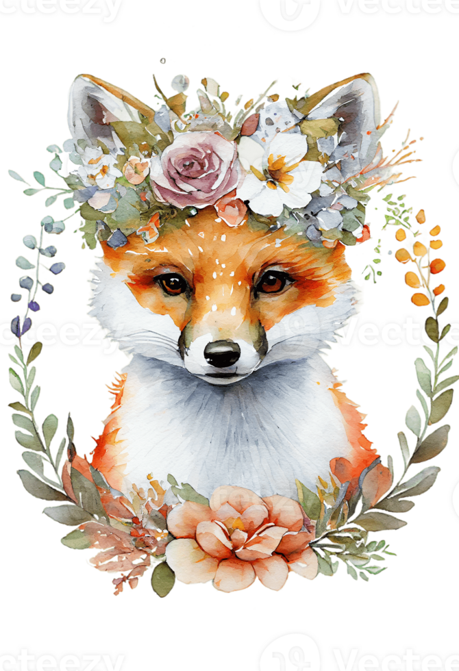 Watercolor cute hand drawn Fox, Fox in floral wreath, flowers bouquet, png