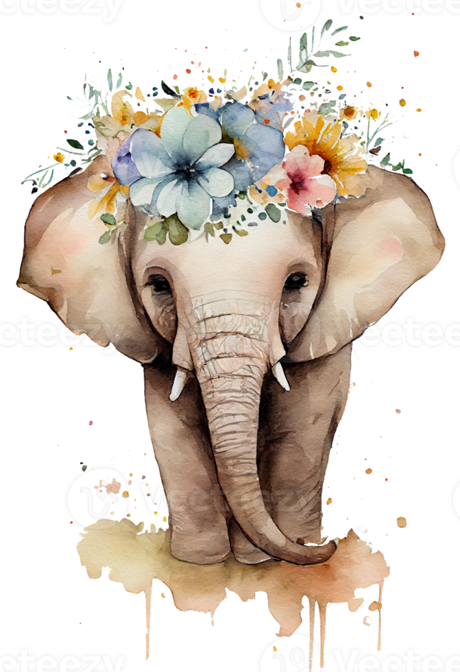 Watercolor cute hand drawn elephant, elephant in floral wreath, flowers bouquet, png